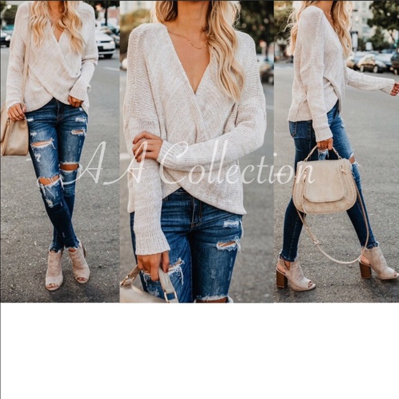 Oatmeal Criss Cross Faux Wrap Sweater - Picture 3 of 3